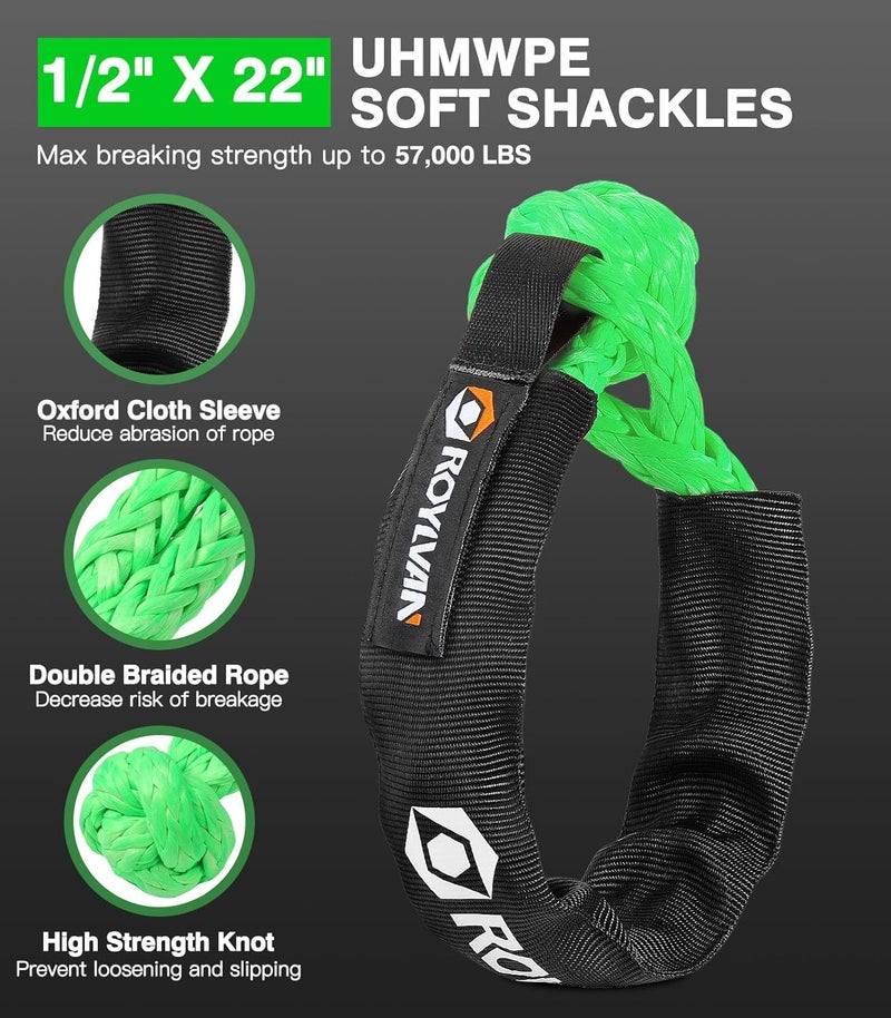 Roylvan 1" x 30ft Kinetic Recovery Tow Rope, 48800 LBS Nylon Tow Strap with 2 Soft Shackles 1/2" x 22", 30% Elasticity Heavy Duty Offroad Towing Straps Kit for Trucks, SUV, Tractor, Fluorescent Green - Image 5